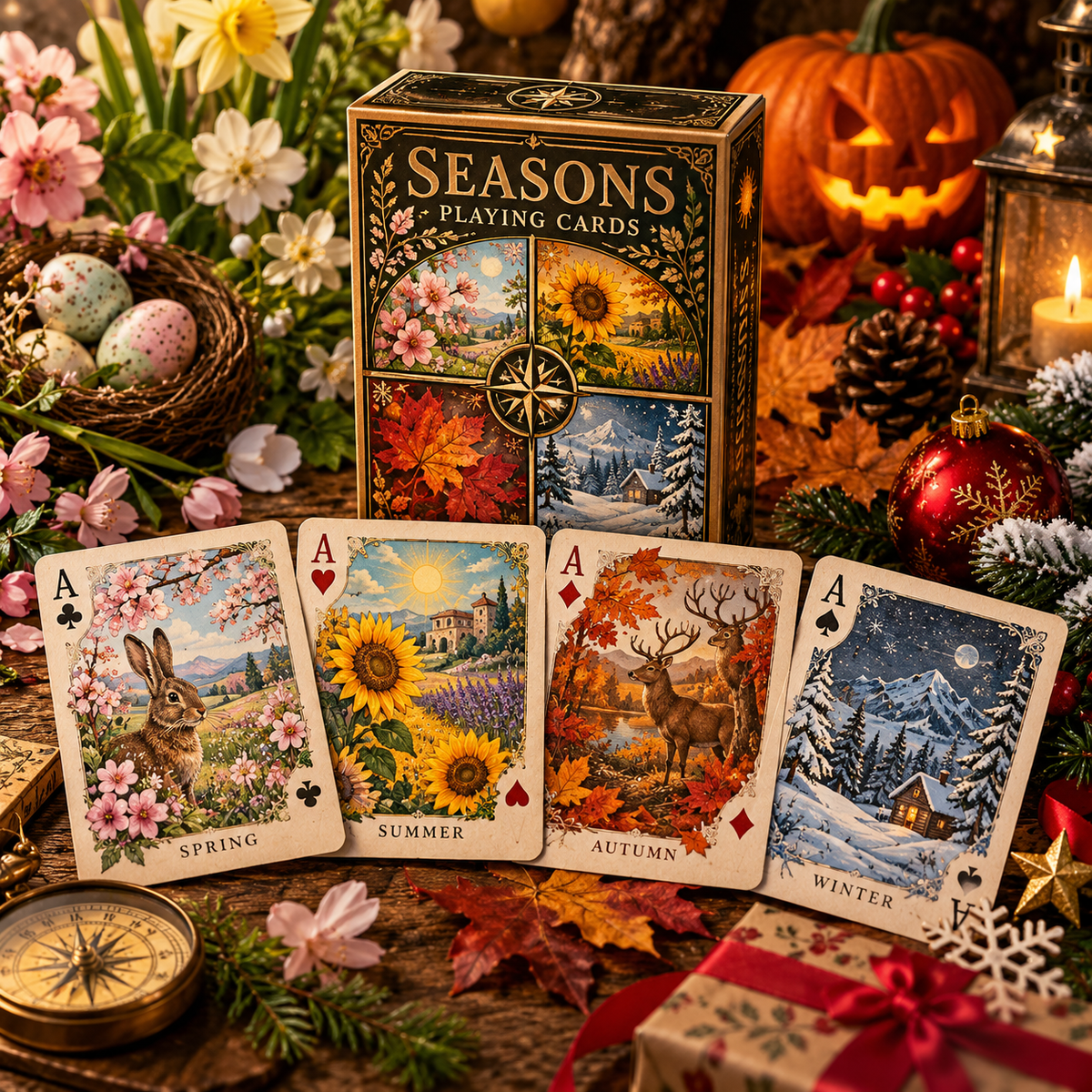 Seasonal playing cards featuring spring blossoms, summer sunflowers, autumn leaves and snowy winter scenes, surrounded by Easter, Halloween and Christmas decorations.