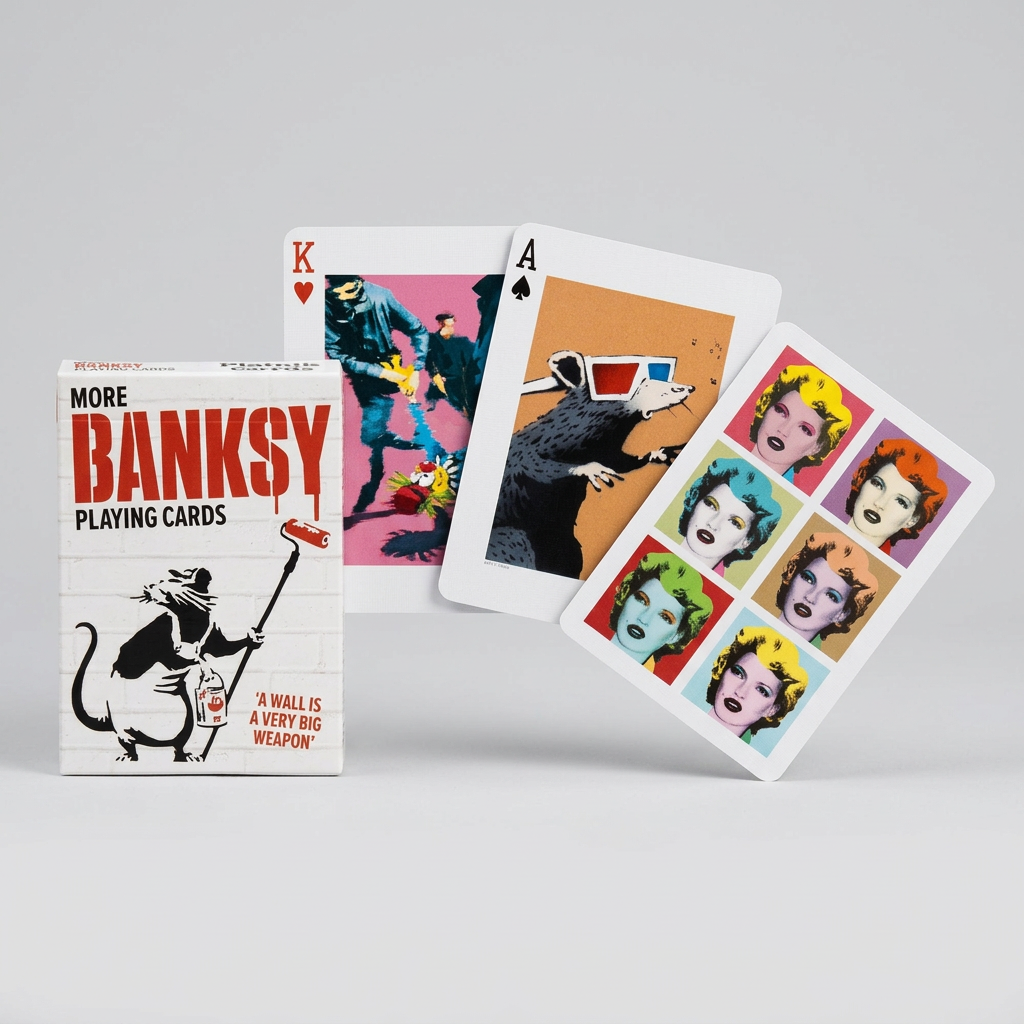Piatnik More Banksy playing card box with a selection of illustrated card faces