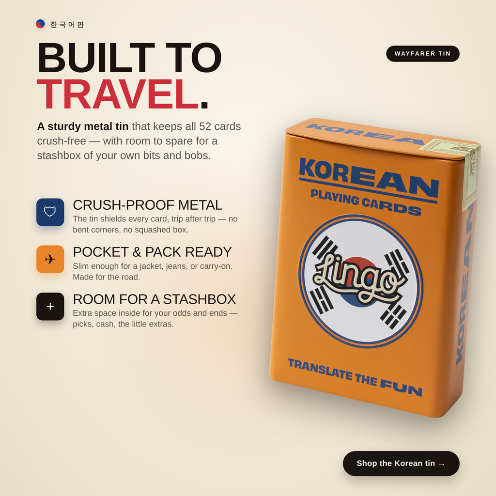 Lingo Korean Playing Cards in a Wayfarer Travel Tin