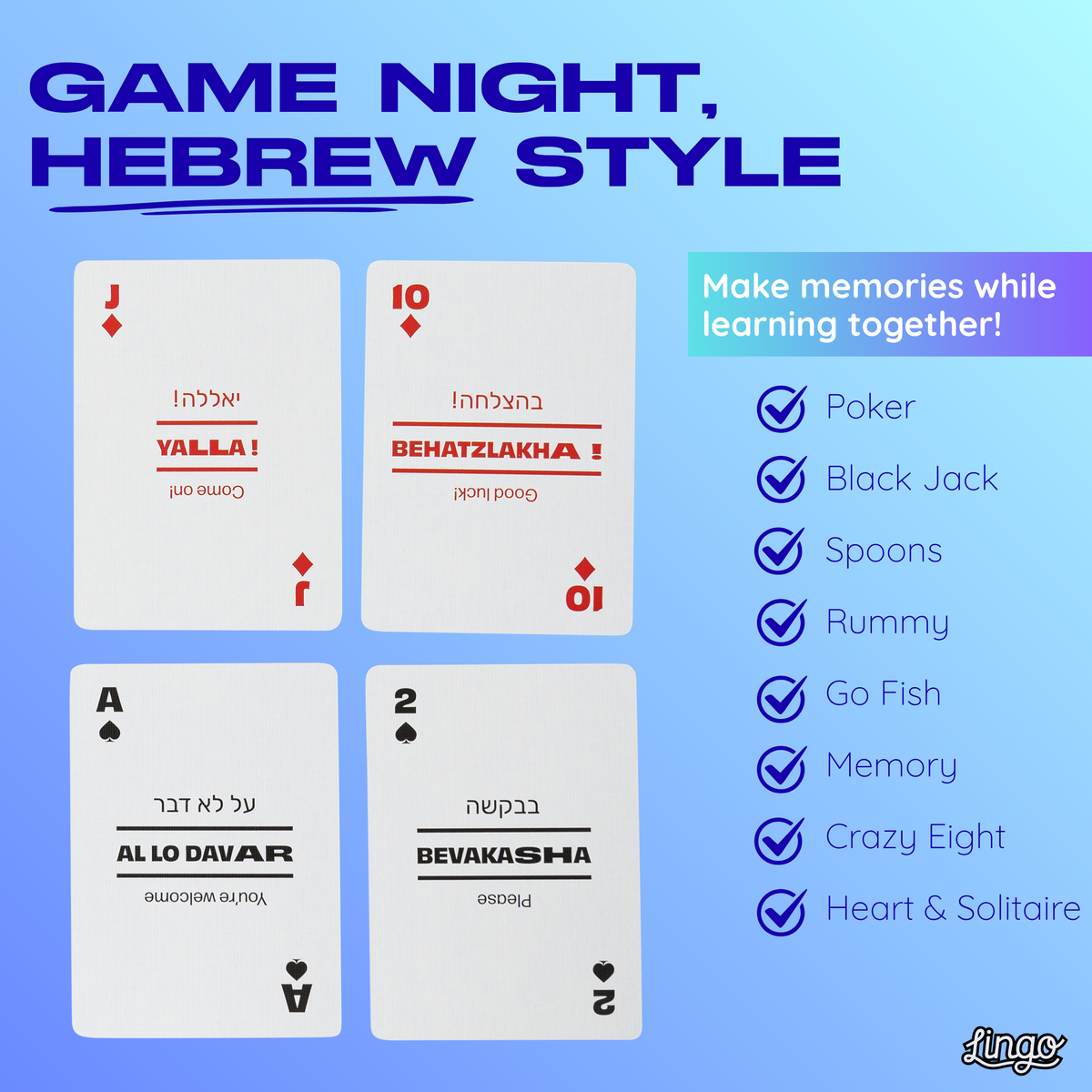 Lingo Hebrew Playing Cards – Learn Hebrew 52 Phrase Deck