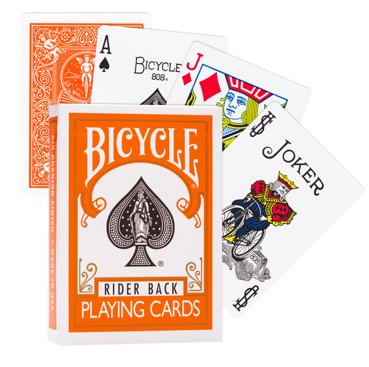 Bicycle Rider Back Orange Playing Cards with orange tuck box and traditional playing card faces