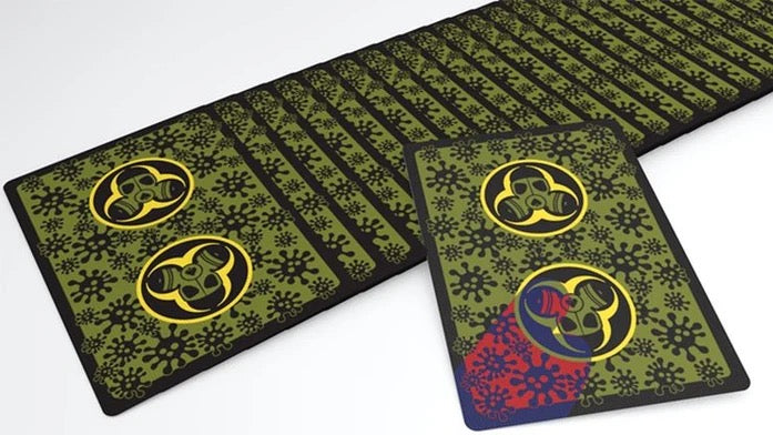 Contagion Playing Cards by Bill Davis Magic – Green and black custom card backs featuring yellow biohazard gas mask symbols, virus patterns and a colourful special card.