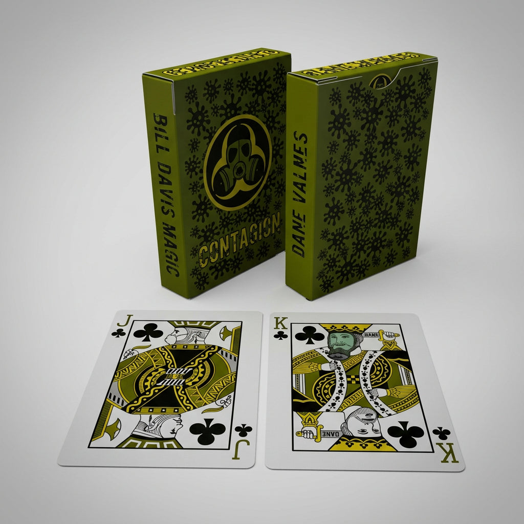 Contagion Playing Cards by Bill Davis Magic – Front and back of the green virus-themed tuck box with custom Jack and King of Clubs playing cards.
