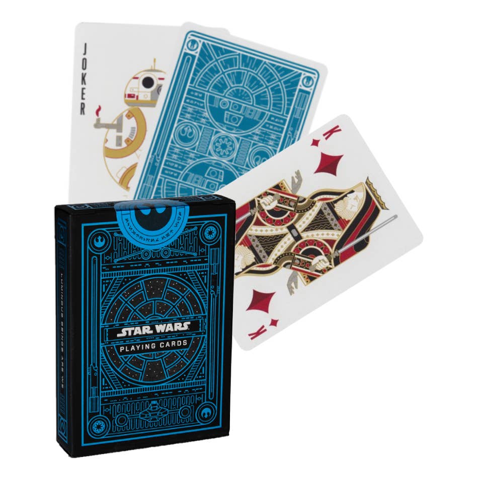 Star Wars playing cards with a blue and black box on a white background