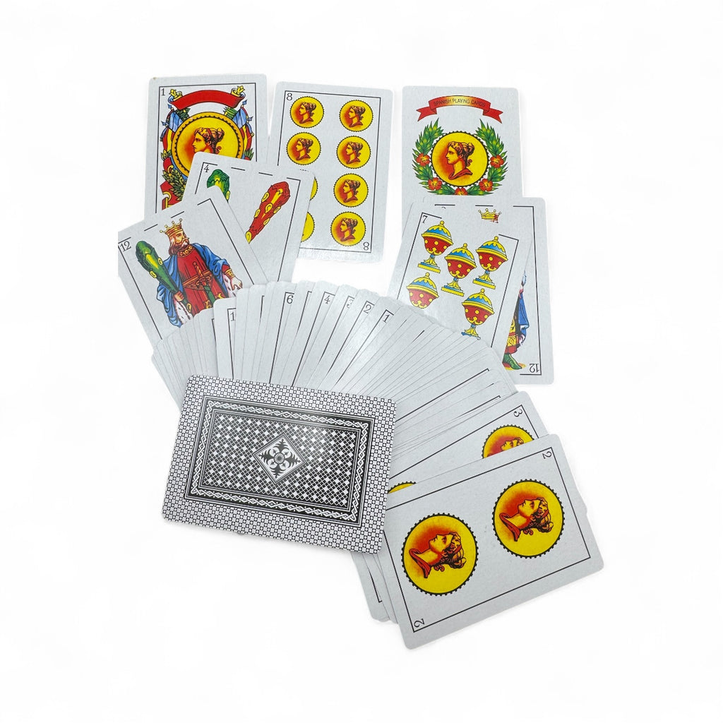 Baraja Española playing cards fanned out on a white background, showing colourful coins, cups, clubs, court cards and a black patterned card back.