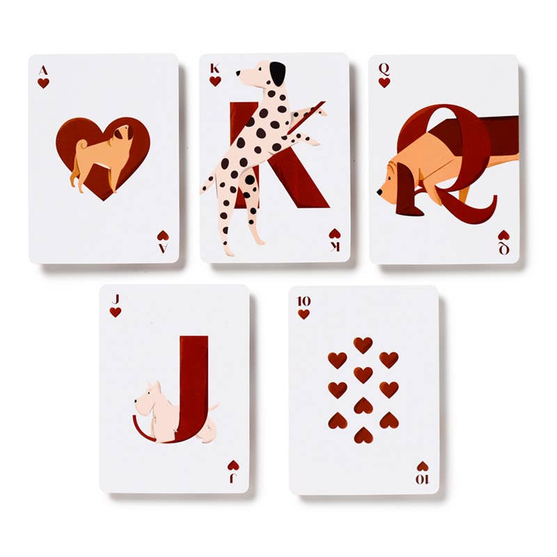 Barks ace, king, queen, jack and ten of hearts arranged on a white background, with dog illustrations on the ace and court cards