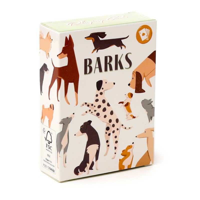 Barks Dog playing card box with illustrated dog designs on a white background