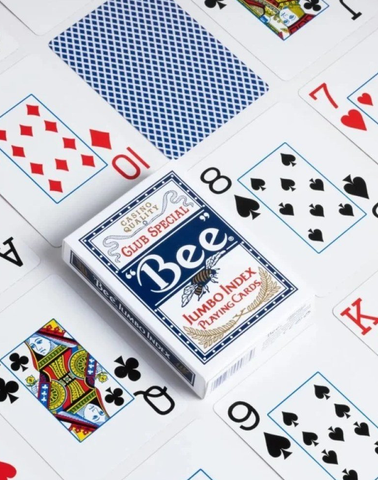 Bee Club Special Jumbo Index Blue Playing Cards displayed with the deck box and assorted face-up playing cards.