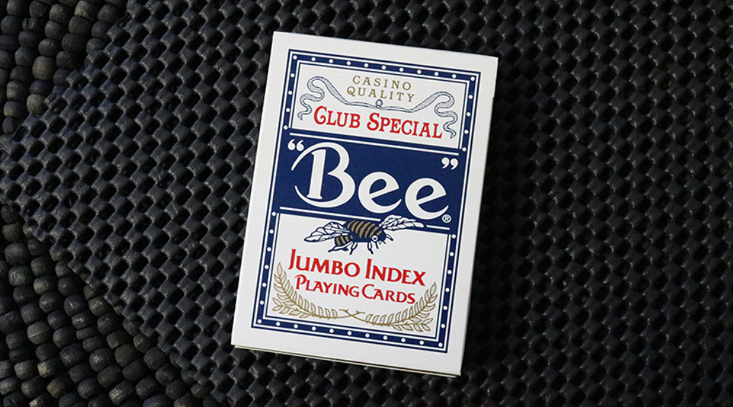 Bee Club Special Blue Playing Cards displayed on black fabric, showing the classic Bee casino-quality packaging.