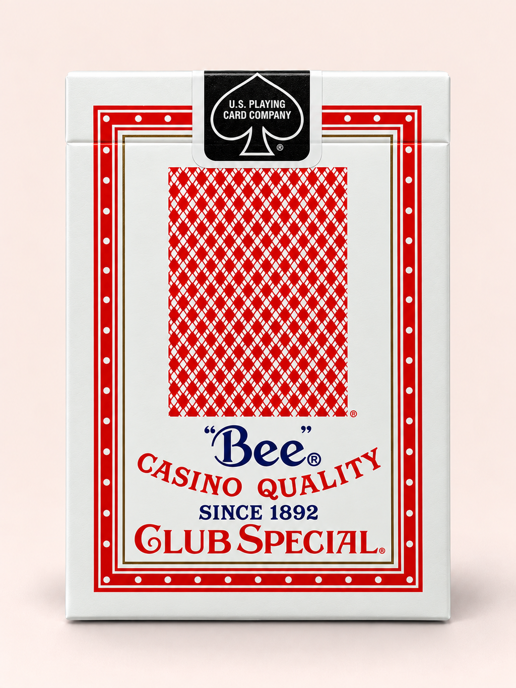 Back of the Bee Club Special No.92 Red Playing Cards tuck box, showing the red patterned design and sealed pack