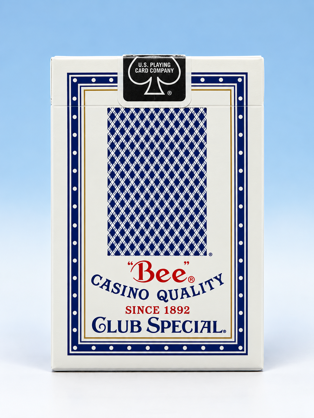 Bee Club Special Standard Index Blue Playing Cards displayed with assorted face-up poker cards, showing the classic blue diamond-back design and casino-quality deck.