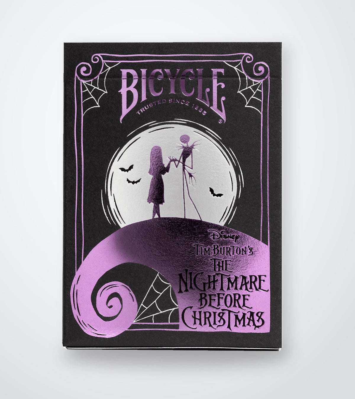 Front of Bicycle Disney The Nightmare Before Christmas Playing Cards tuck box, featuring Jack Skellington and Sally silhouetted against the moon with purple foil artwork and spiderweb details.