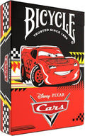 Bicycle Disney Pixar Cars playing cards featuring Lightning McQueen on the red and black tuck box, with racing graphics and chequered flag details.