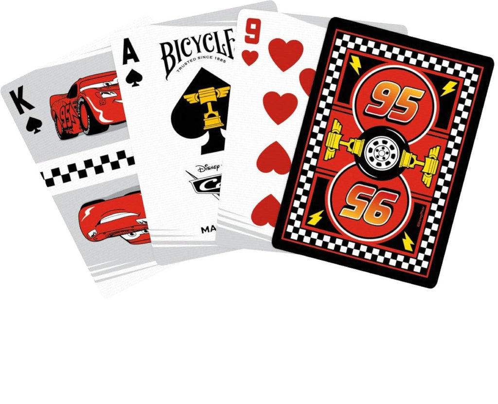 Bicycle Disney Pixar Cars playing cards showing Lightning McQueen King of Spades, custom Ace of Spades, Nine of Hearts and red racing-themed card back.