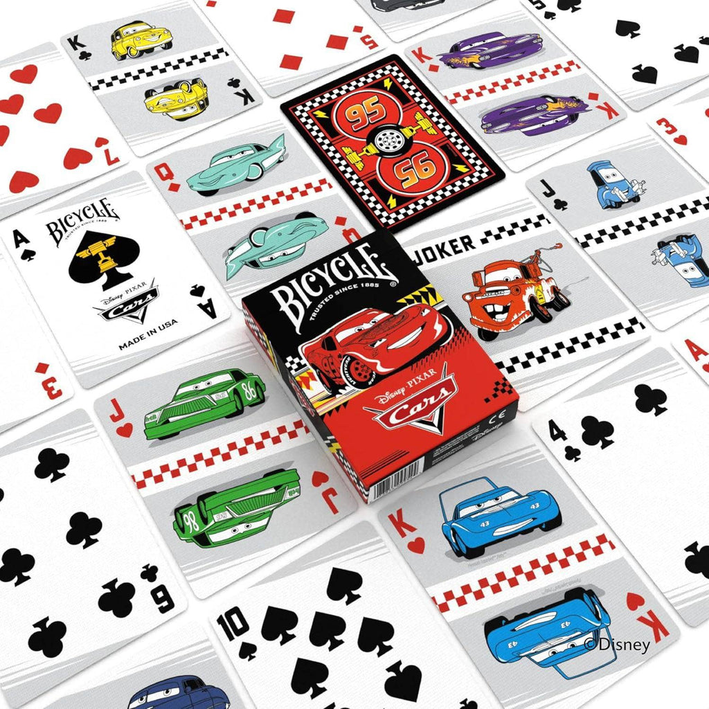 Bicycle Disney Pixar Cars playing cards featuring Lightning McQueen tuck box, Mater, Sally and other Cars characters, custom court cards, jokers and racing-themed card backs.