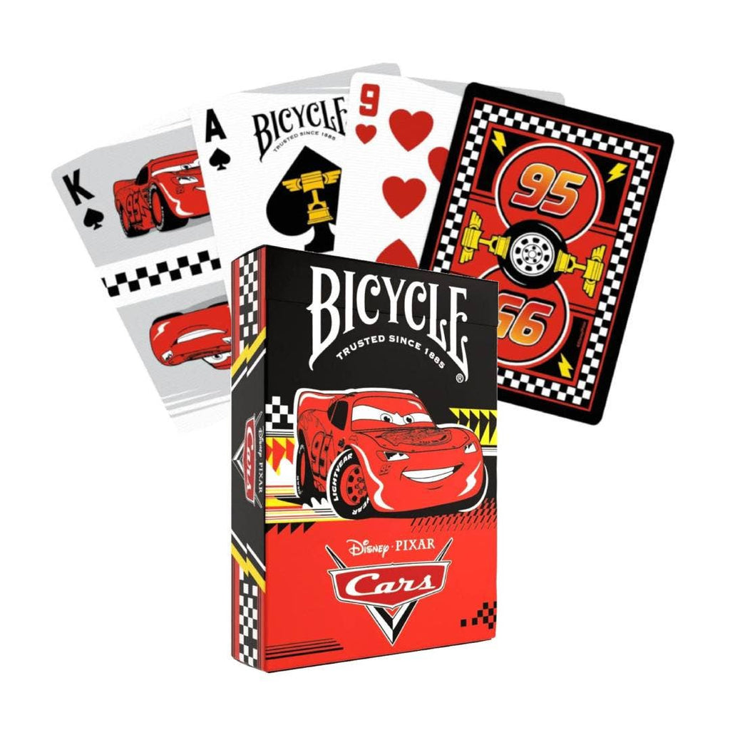 Bicycle Disney Pixar Cars playing cards featuring Lightning McQueen tuck box, custom King of Spades, Ace of Spades, Nine of Hearts and racing-themed card backs.