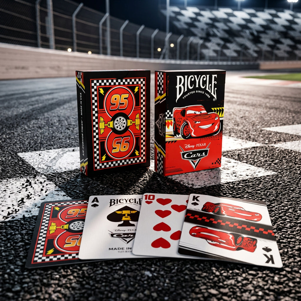 Bicycle Disney Pixar Cars playing cards featuring Lightning McQueen, front and back tuck boxes and custom playing cards displayed on a motor racing circuit.