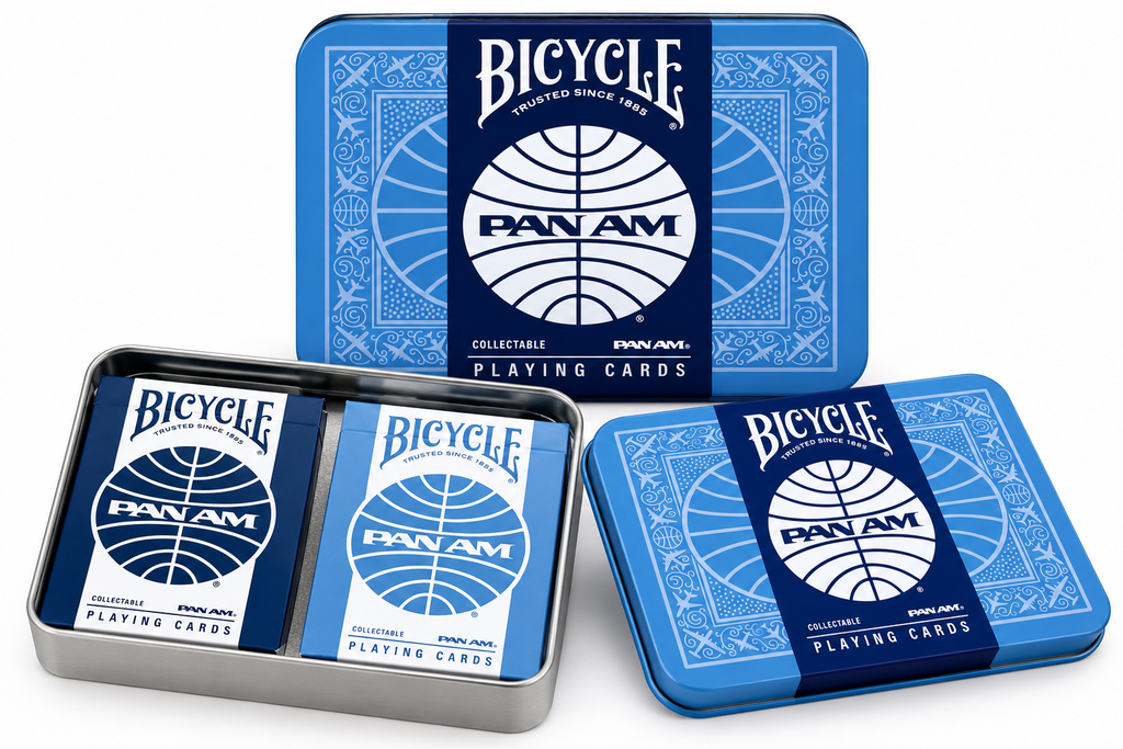 Bicycle Pan Am collectible playing cards double deck set in blue metal tin, featuring navy and light blue card decks with Pan Am airline designs.