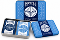 Bicycle Pan Am collectible playing cards double deck set in blue metal tin, featuring navy and light blue card decks with Pan Am airline designs.