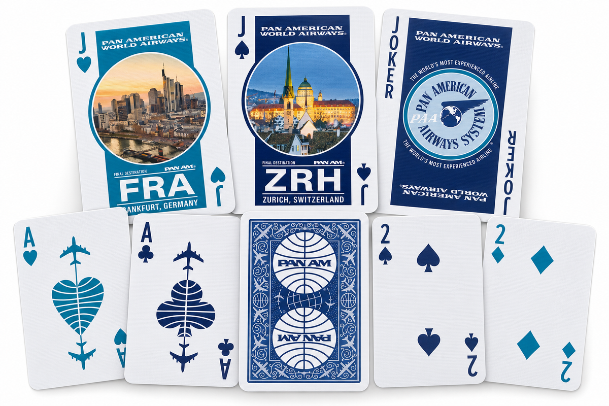 Bicycle Pan Am collectible playing cards showing Frankfurt and Zurich destination court cards, aviation-themed aces, joker and blue Pan Am card back design.