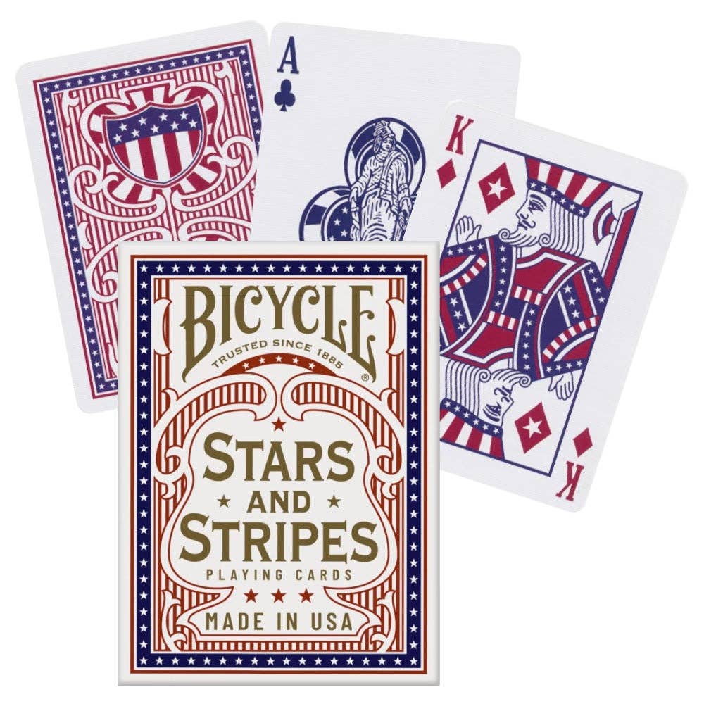 Bicycle Stars and Stripes Playing Cards showing the patriotic red, white and blue card back, Ace of Clubs, King of Diamonds and illustrated tuck box.