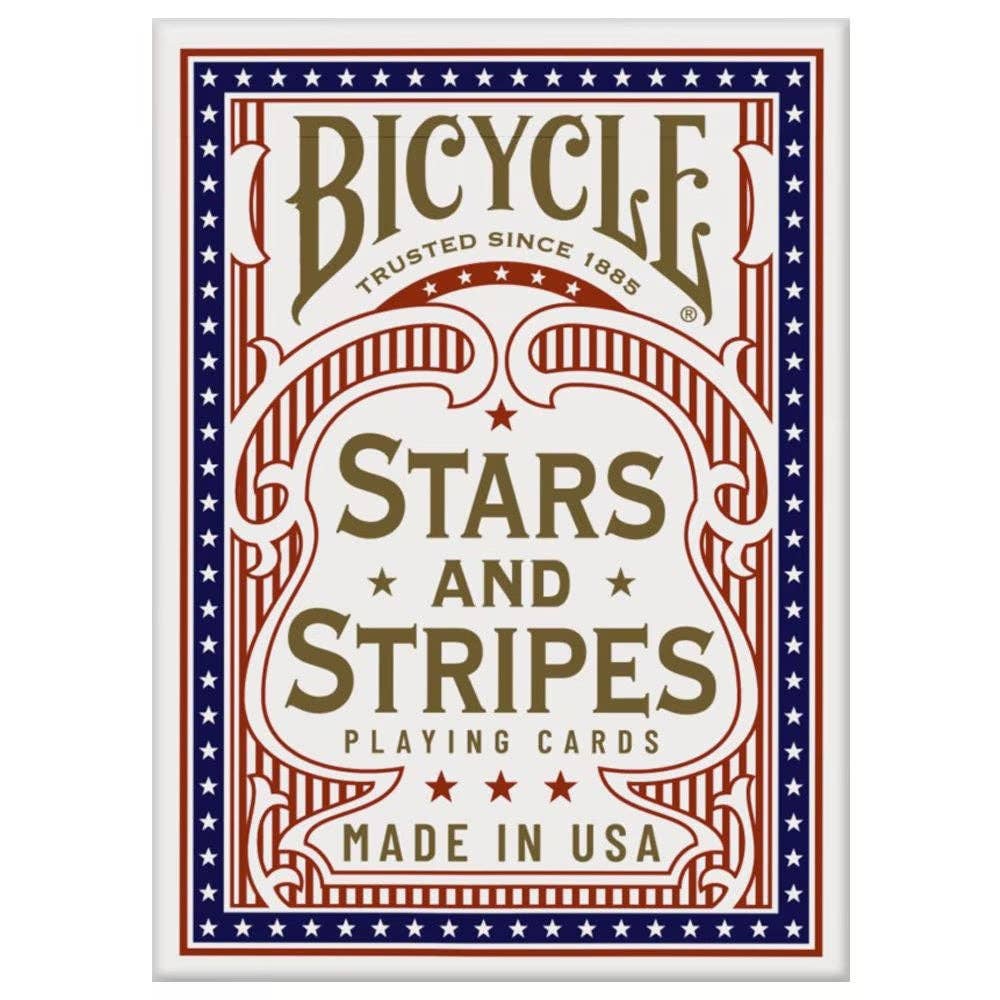 Front view of Bicycle Stars and Stripes Playing Cards tuck box featuring gold lettering, red stripes and a blue border decorated with white stars.