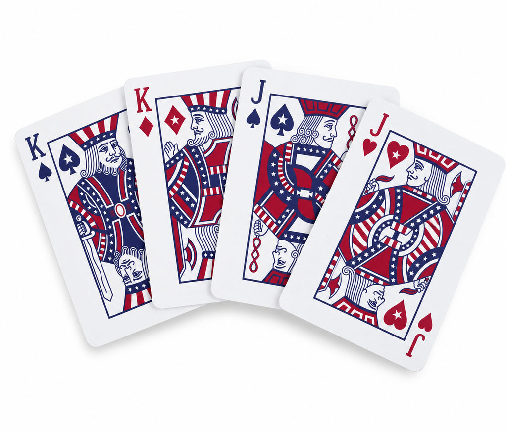 Four Bicycle Stars and Stripes court playing cards arranged in a fan, showing custom red, white and blue King and Jack designs on a white studio background.