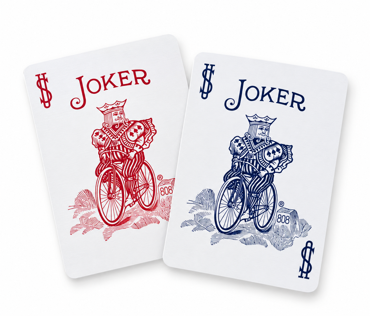 Two Bicycle Stars and Stripes Joker playing cards in red and blue, featuring the classic Bicycle rider illustration, overlapping on a white studio background.