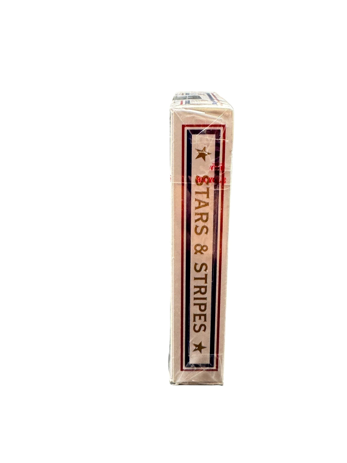 Side view of the sealed Bicycle Stars and Stripes Playing Cards tuck box, showing gold Stars and Stripes lettering, decorative stars and red and blue borders.