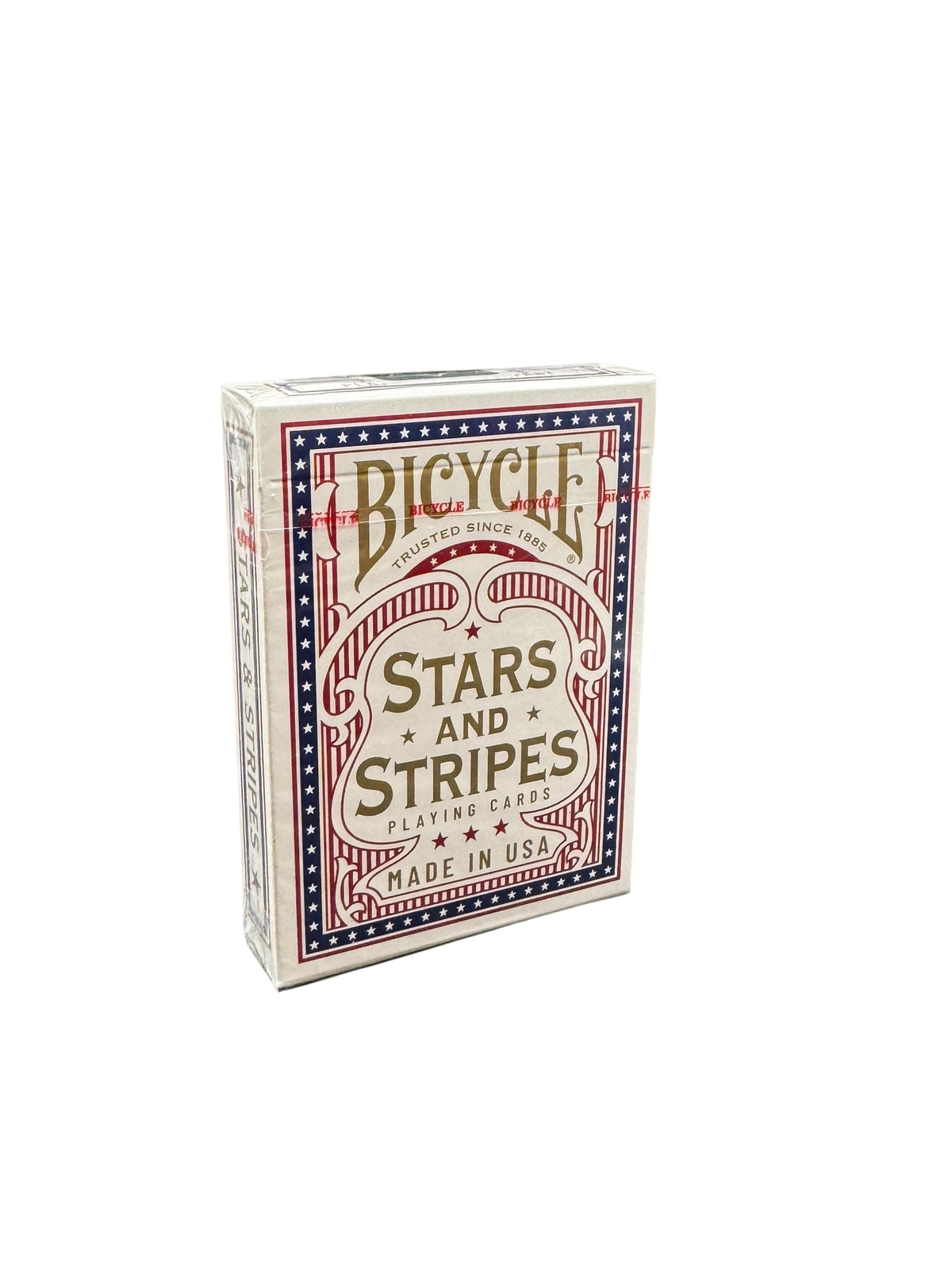 Angled front view of a factory-sealed Bicycle Stars and Stripes playing card deck, showing patriotic red, white and blue tuck box artwork with gold lettering on a white background.