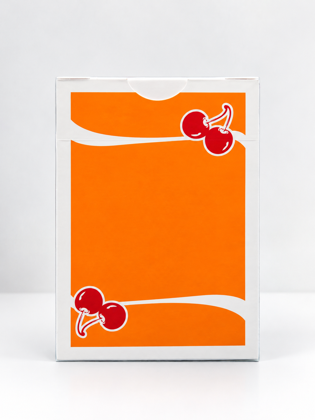 Back of Cherry Casino Summerlin Sunset Orange Playing Cards tuck box featuring vibrant orange artwork, red cherries, flowing white stripes and a white border.