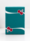 front of Cherry Casino Tropicana Teal Playing Cards tuck box featuring a metallic teal finish, red cherry artwork and flowing white stripes.