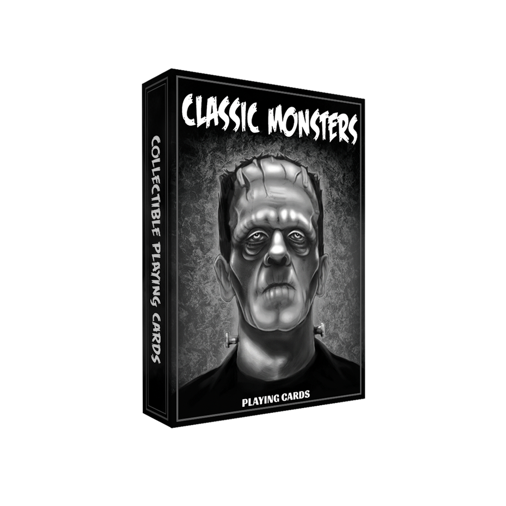 Classic Monsters Playing Cards by Collectible Playing Cards, black and white Frankenstein monster tuck box, angled front and side view.