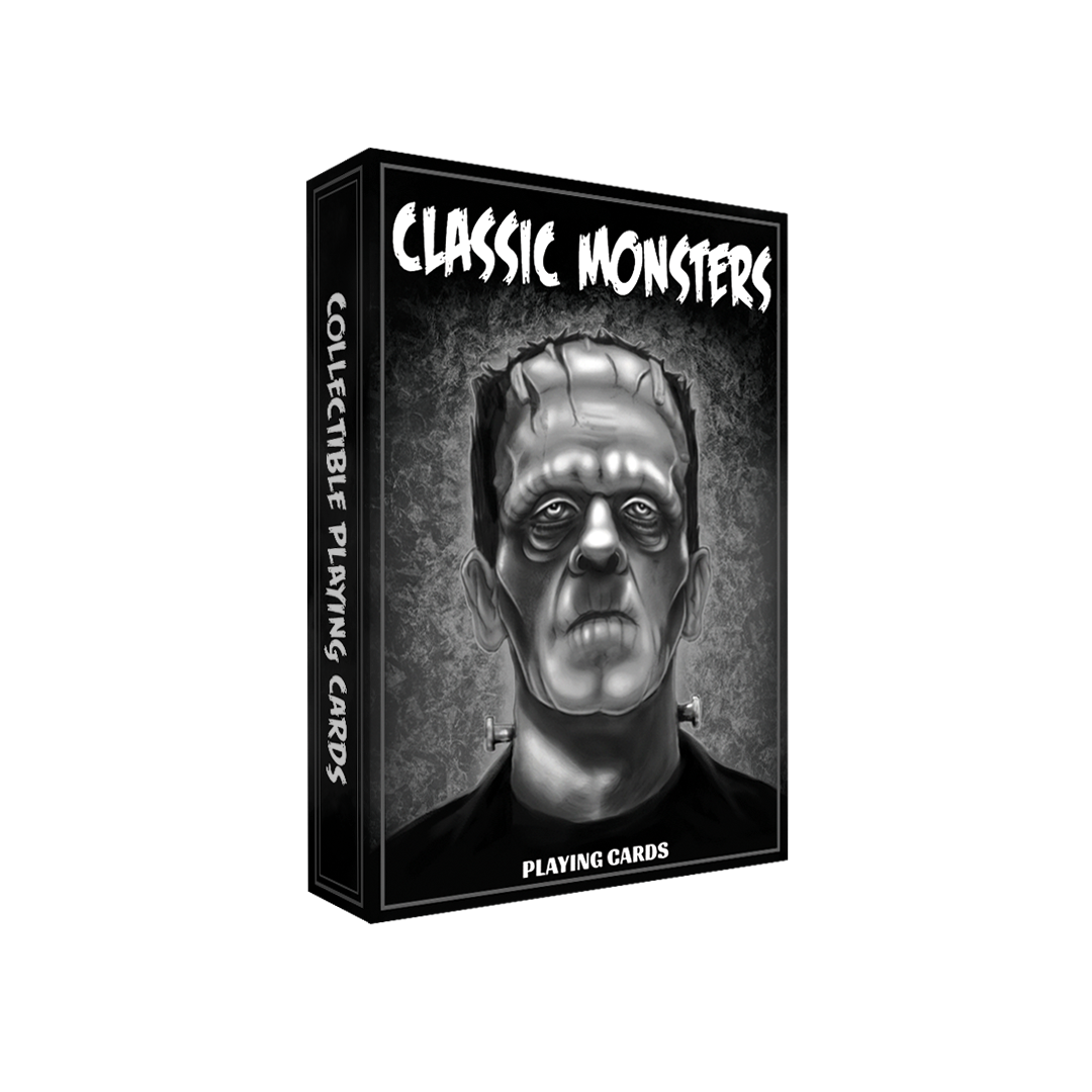Classic Monsters Playing Cards by Collectible Playing Cards, black and white Frankenstein monster tuck box, angled front and side view.