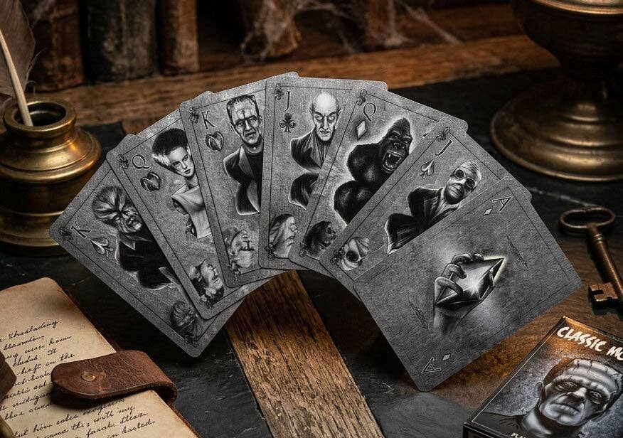 Classic Monsters Playing Cards by Collectible Playing Cards featuring black and white horror character court cards, Frankenstein, Dracula and other classic monsters.