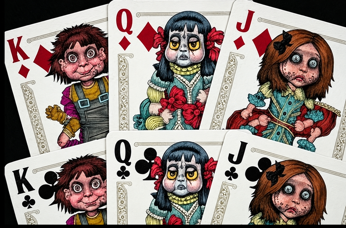 Haunted Dolls Playing Cards by CPC featuring six illustrated gothic horror court cards, including the King, Queen and Jack of Diamonds and Clubs, with eerie doll characters against a black background.