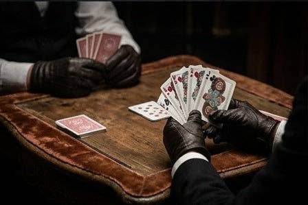 Haunted Dolls Playing Cards by CPC being used in a vintage-style card game, with players wearing black leather gloves holding illustrated court cards and red-backed playing cards around a wooden table.