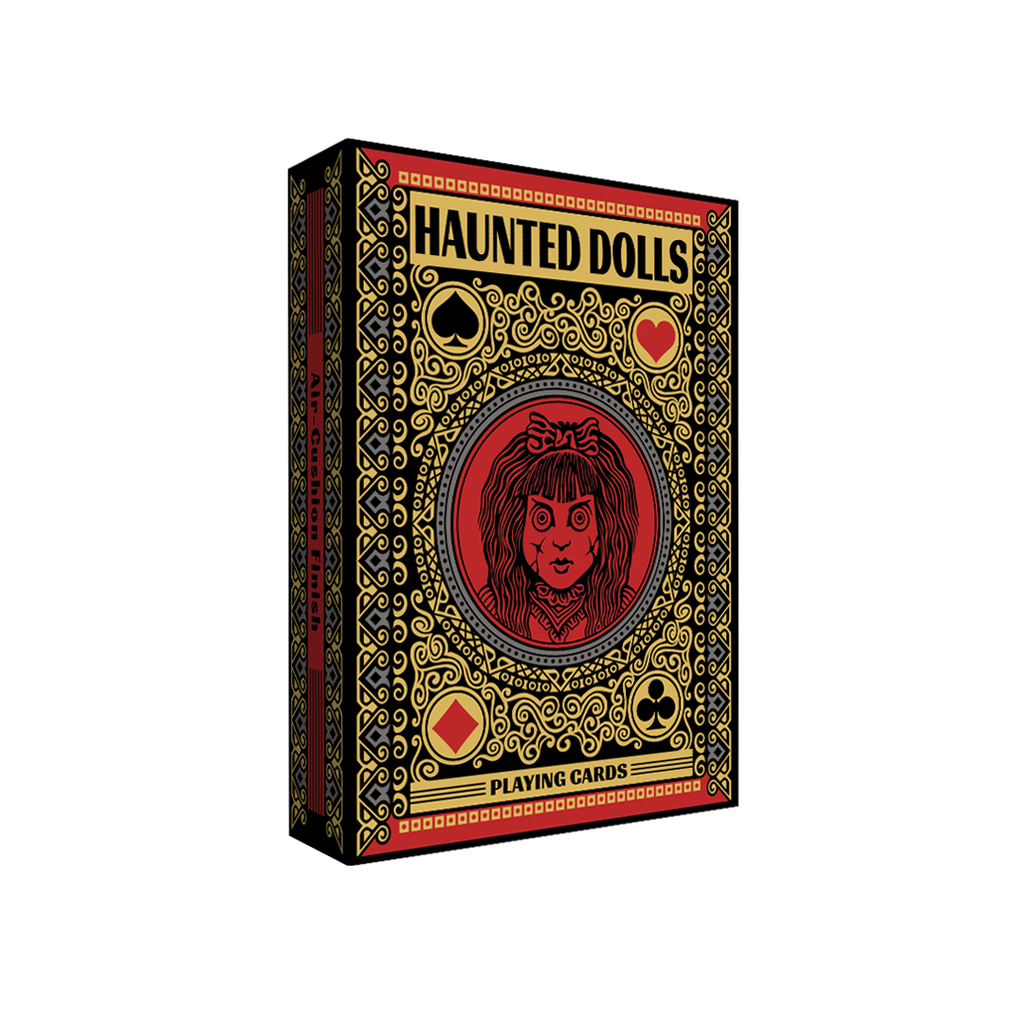 Haunted Dolls Playing Cards by CPC showing the front and side of the black, red and gold gothic tuck box, featuring ornate decorative patterns, playing card suit symbols and a creepy doll illustration.