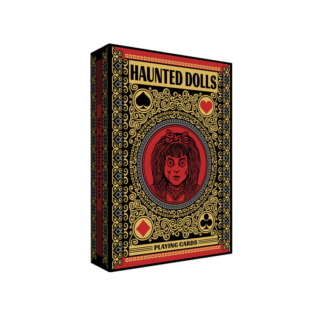 Haunted Dolls Playing Cards by CPC showing the front and side of the black, red and gold gothic tuck box, featuring ornate decorative patterns, playing card suit symbols and a creepy doll illustration.