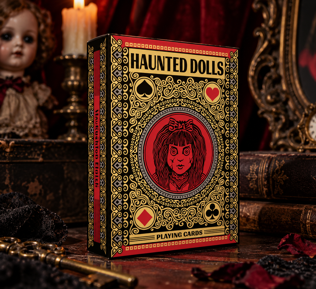 Haunted Dolls Playing Cards by CPC featuring an ornate black, red and gold tuck box displayed in a gothic Victorian setting with a porcelain doll, candlelight, antique books and vintage keys.