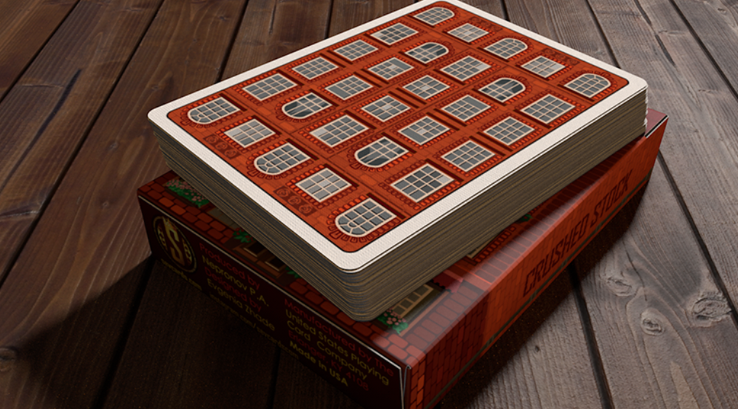 House Playing Cards displayed on the matching red tuck box, showing the detailed red-brick window card back design and CRUSHED STOCK side panel
