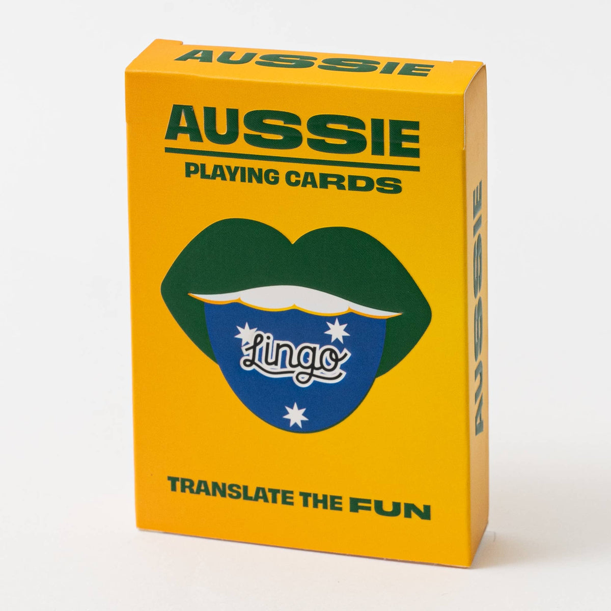 Yellow Lingo Aussie playing card tuck box with green lettering and lips, a blue tongue with Australian flag stars, and “Translate the Fun” text.