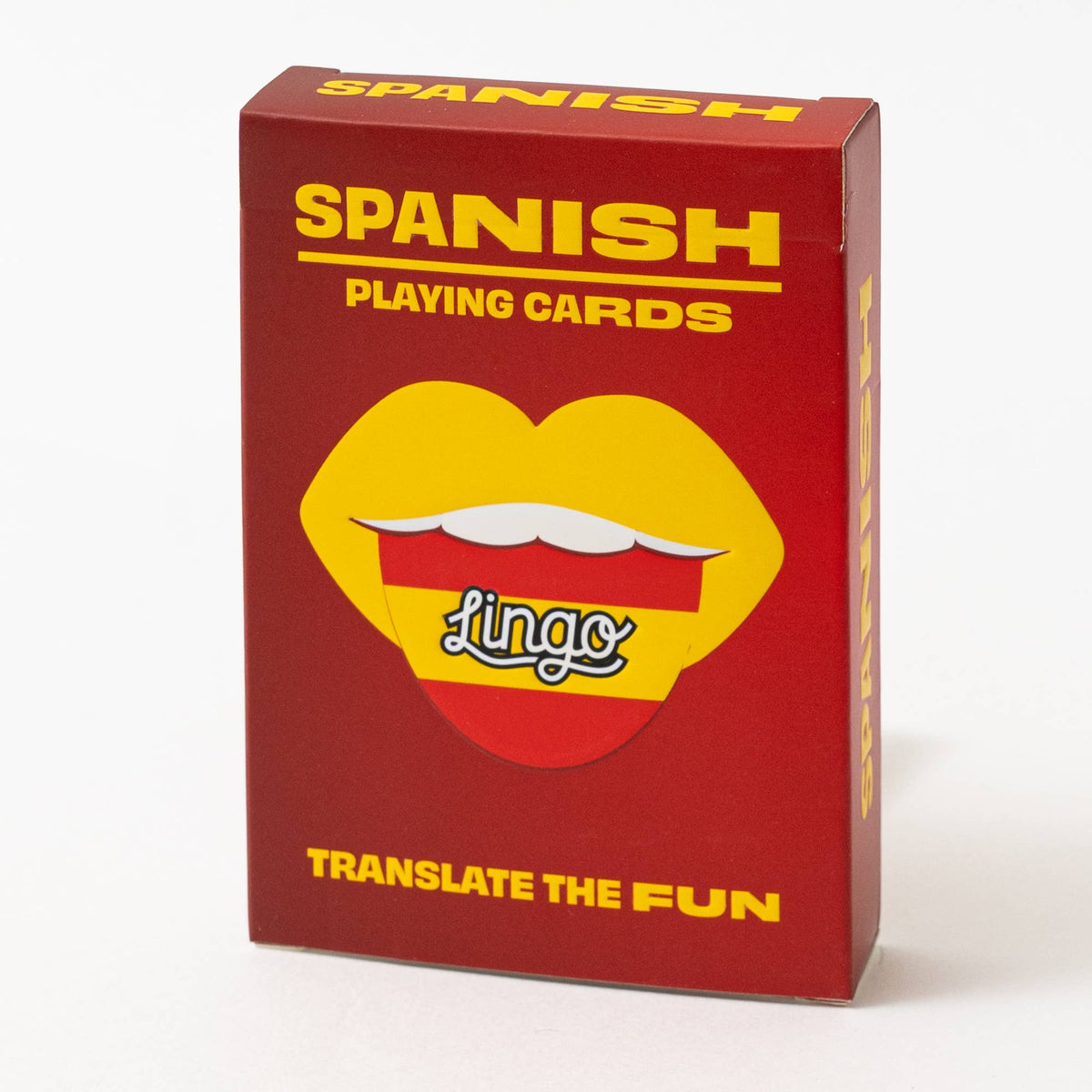 Red Lingo Spanish playing card tuck box with yellow lettering, a lips and tongue design in Spanish flag colours, and “Translate the Fun” text.