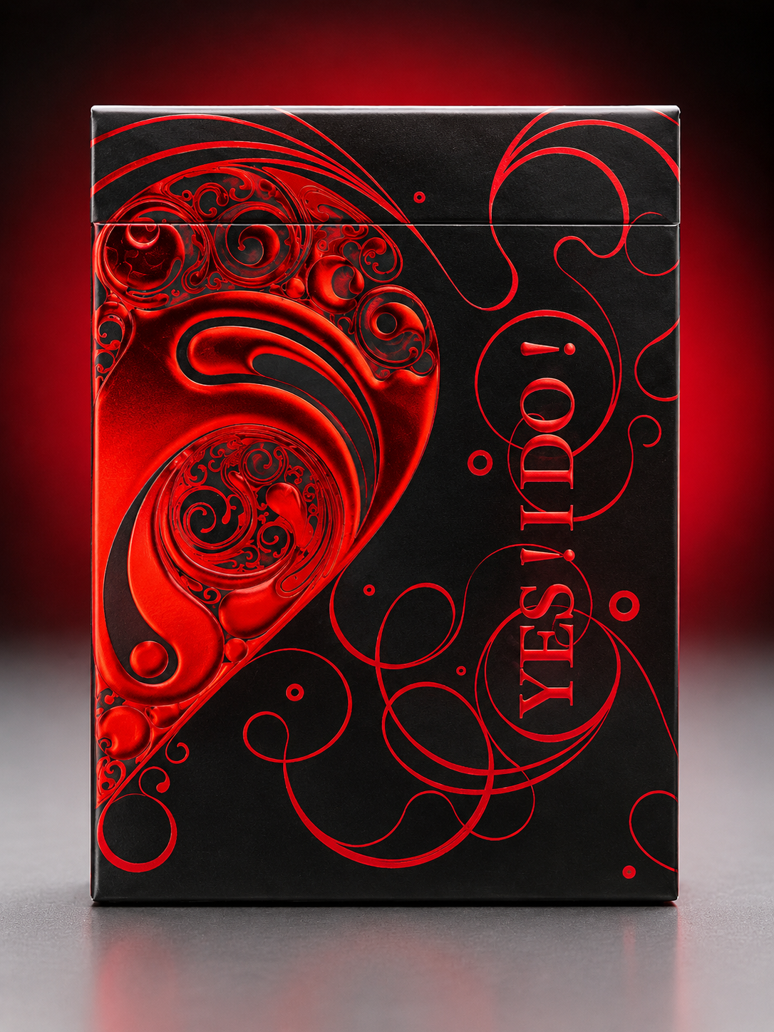 Front view of Love Promise of Vow Red Playing Cards by BOCOPO, featuring an ornate red and black YES I DO tuck box design.