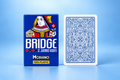 Modiano Bridge 2 Jumbo Index 100% plastic playing cards showing the blue retail box with Queen illustration beside the intricate blue patterned card back.
