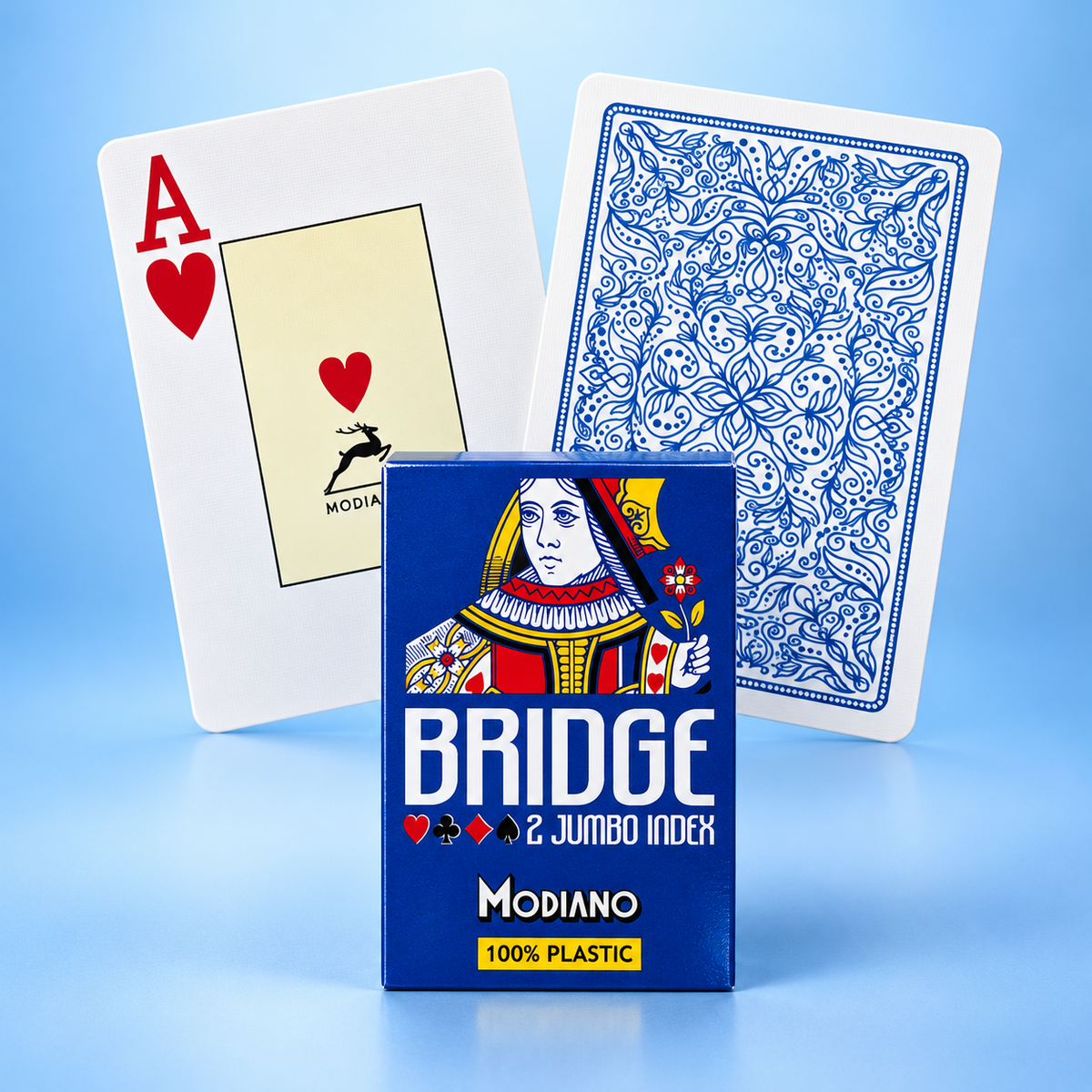 Modiano Bridge 2 Jumbo Index blue playing cards box displayed with the Ace of Hearts and ornate blue card back on a light blue studio background.
