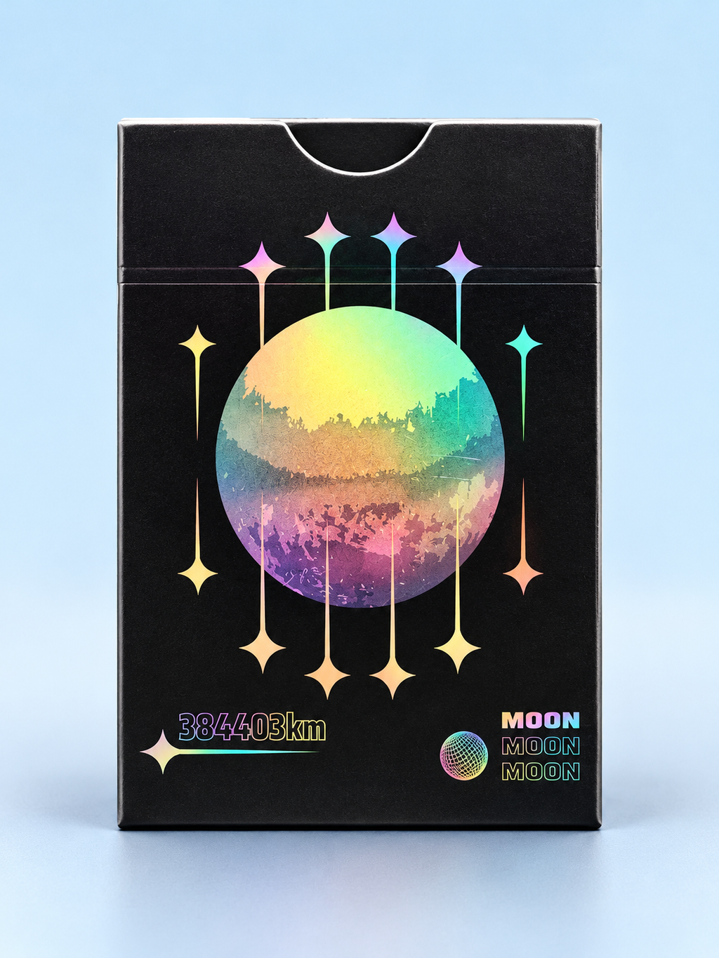 Back of Moon Black Holo Playing Cards by Hiddenlight featuring a premium black tuck box with a holographic rainbow moon, colourful starburst details and futuristic lunar-inspired artwork.