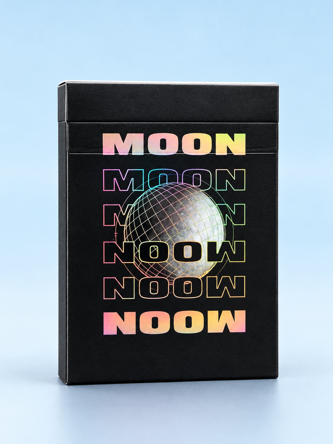 Moon Black Holo Playing Cards by Hiddenlight featuring a premium black tuck box with holographic rainbow MOON lettering, colourful geometric outlines and a central wireframe lunar sphere design.