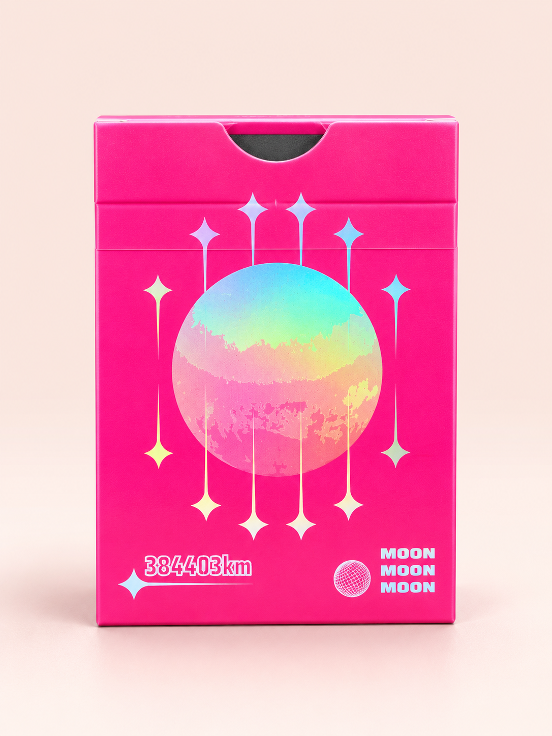 Back of Moon Noon Holo Pink Playing Cards featuring a vibrant pink tuck box, holographic rainbow moon artwork, decorative stars and retro-futuristic design.