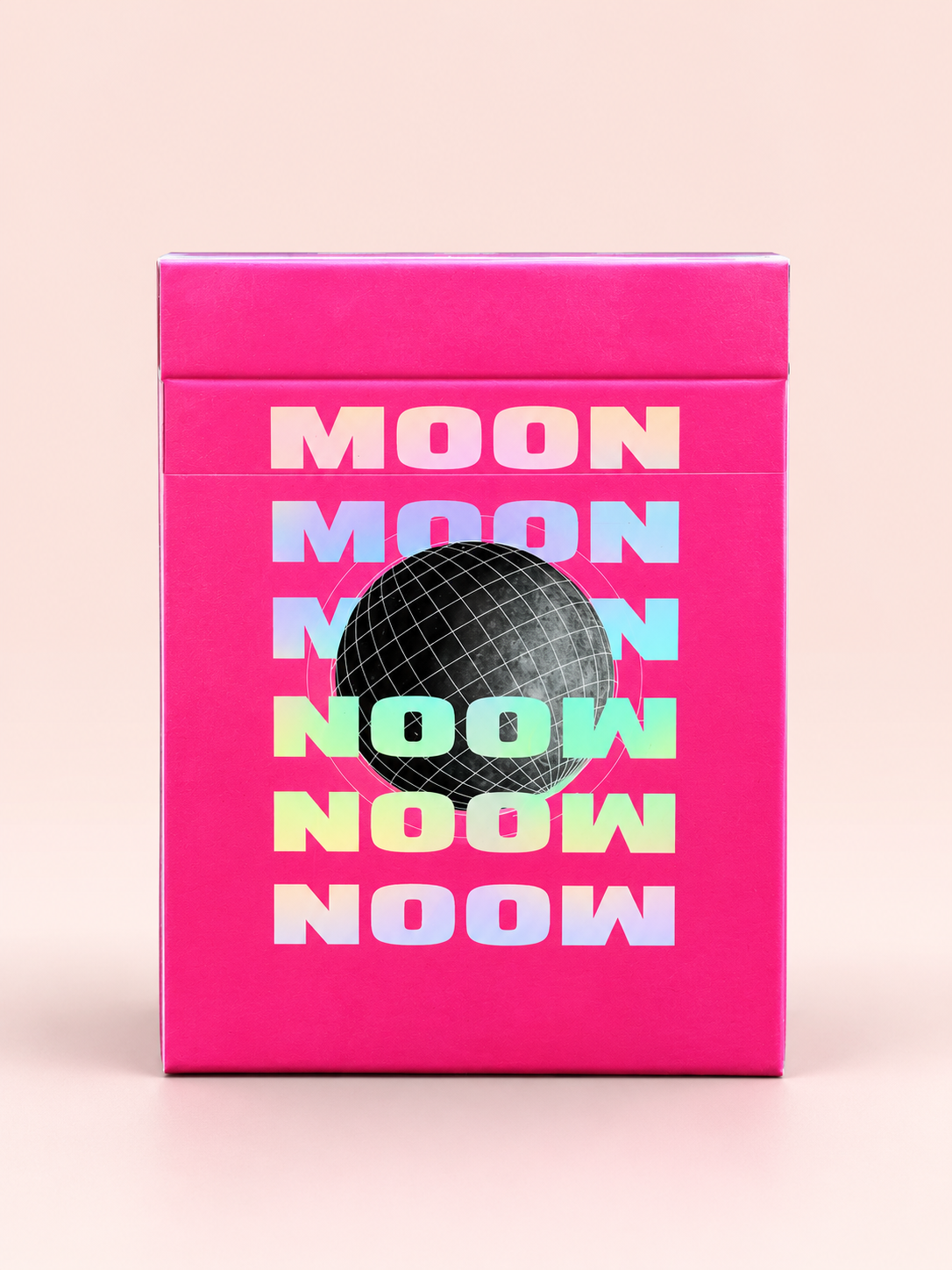 Moon Noon Holo Pink Playing Cards featuring a vibrant neon pink tuck box, holographic gradient lettering and a black wireframe disco ball design.